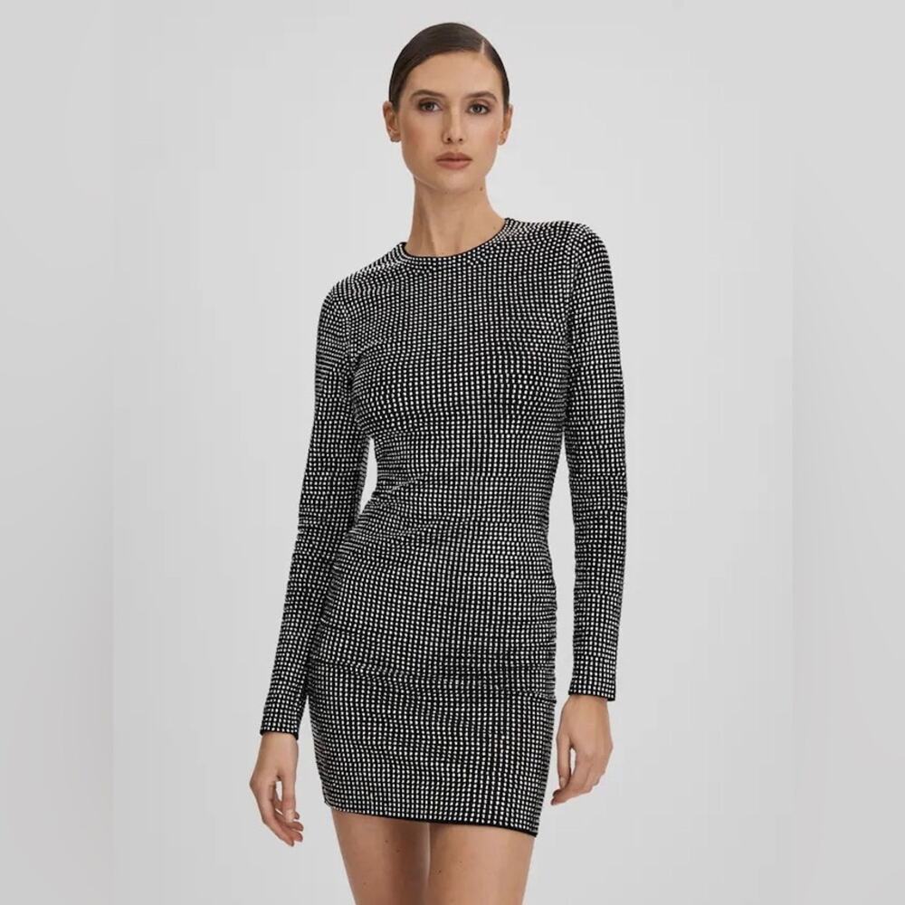 GOOD AMERICAN  Embellished Mini Dress in Black Bodycon Long Sleeve Crew Neck Med - Picture 4 of 14